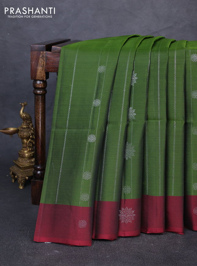 Kanchipuram soft silk saree mehendi green and deep maroon with allover silver zari weaves & buttas and zari woven butta border