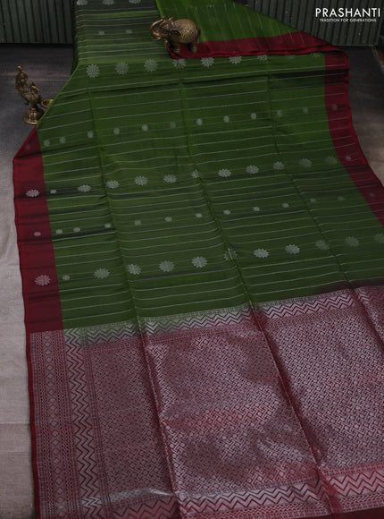 Kanchipuram soft silk saree mehendi green and deep maroon with allover silver zari weaves & buttas and zari woven butta border