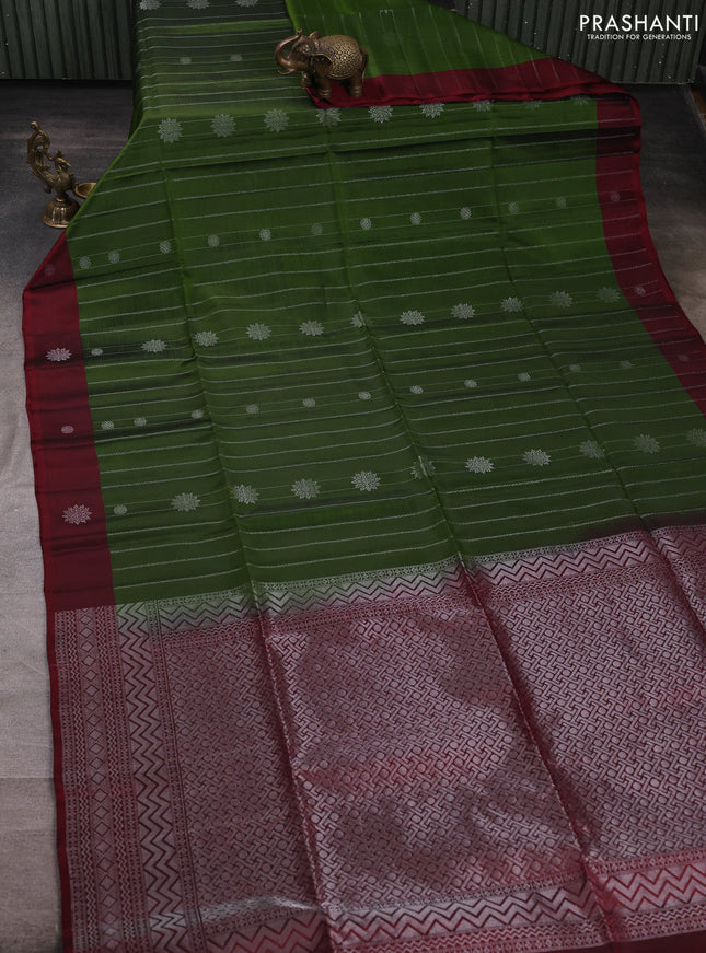Kanchipuram soft silk saree mehendi green and deep maroon with allover silver zari weaves & buttas and zari woven butta border