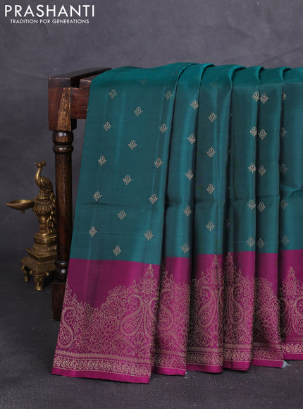 Kanchipuram soft silk saree peacock green and pink with allover zari woven buttas and zari woven border