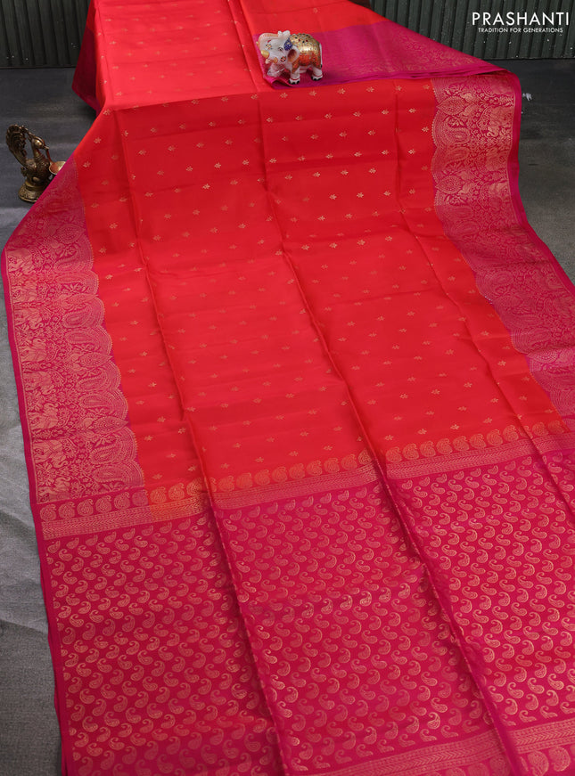 Kanchipuram soft silk saree red and pink with allover zari woven buttas and long zari woven border
