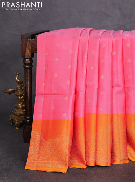 Kanchipuram soft silk saree peach pink and sunset orange with allover zari woven buttas and long zari woven border