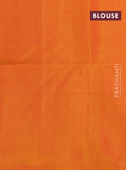 Kanchipuram soft silk saree peach pink and sunset orange with allover zari woven buttas and long zari woven border