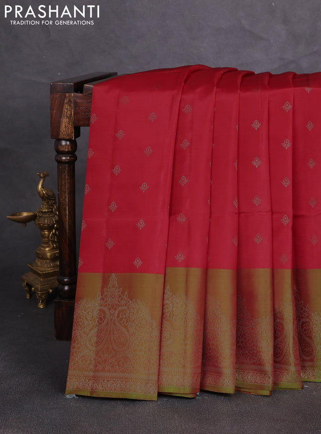Kanchipuram soft silk saree tomato pink and light green with allover zari woven buttas and long zari woven border