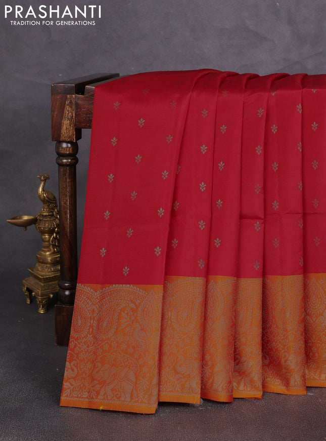 Kanchipuram soft silk saree red and sunset orange with allover zari woven buttas and long zari woven border