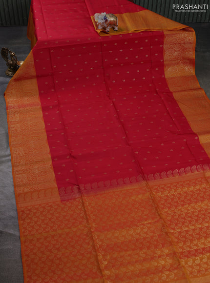 Kanchipuram soft silk saree red and sunset orange with allover zari woven buttas and long zari woven border