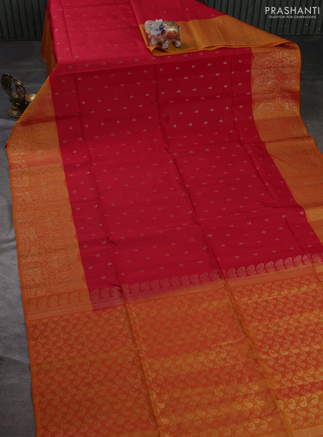 Kanchipuram soft silk saree red and sunset orange with allover zari woven buttas and long zari woven border