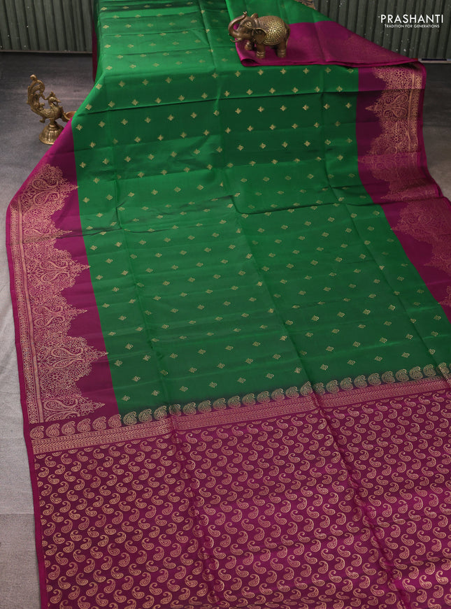 Kanchipuram soft silk saree green and pink with allover zari woven buttas and long zari woven border