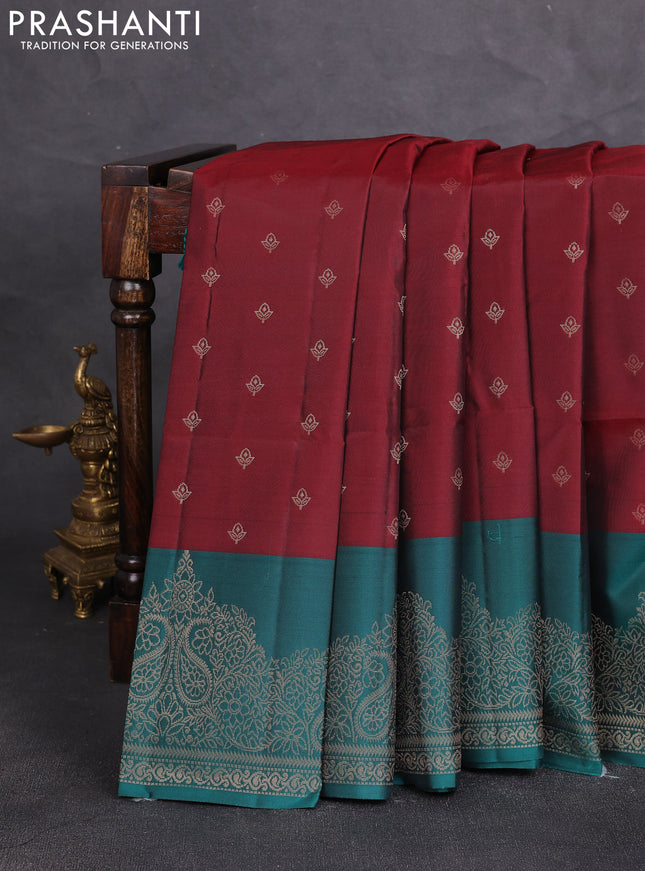 Kanchipuram soft silk saree deep maroon and peacock green with allover zari woven buttas and long zari woven border