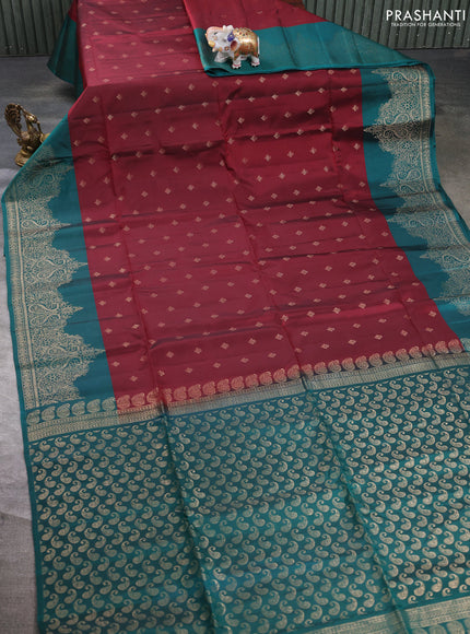 Kanchipuram soft silk saree deep maroon and peacock green with allover zari woven buttas and long zari woven border