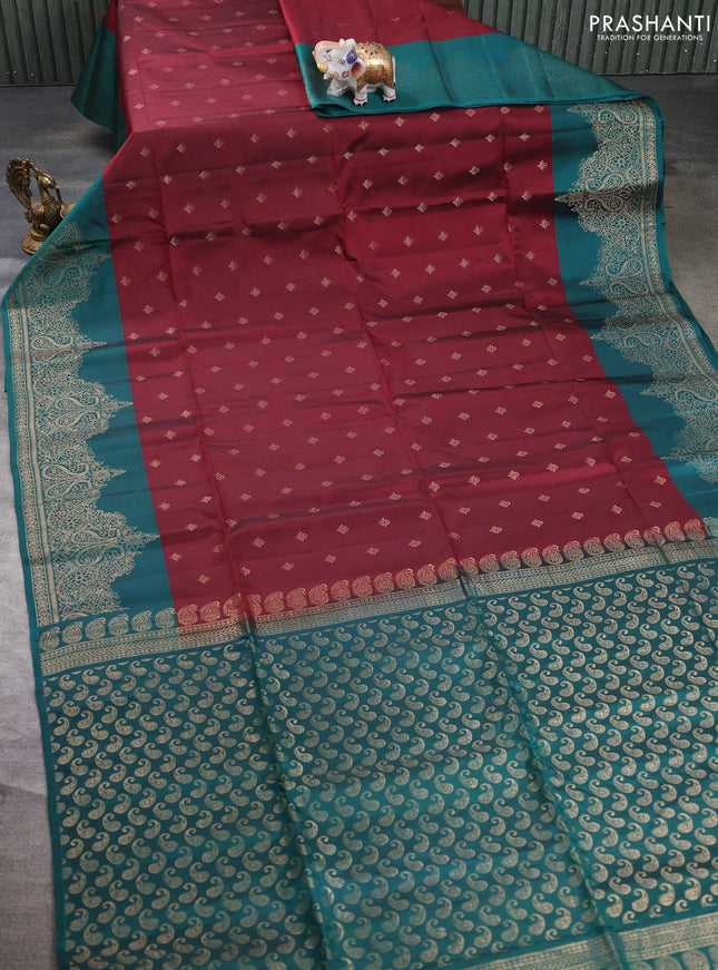 Kanchipuram soft silk saree deep maroon and peacock green with allover zari woven buttas and long zari woven border