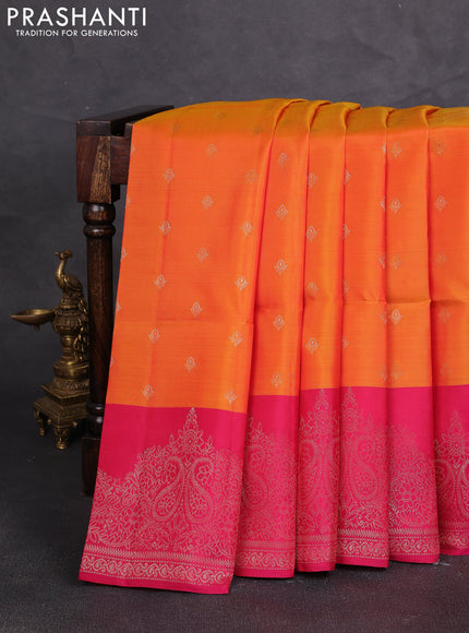 Kanchipuram soft silk saree sunset orange and pink with allover zari woven buttas and zari wovenn border