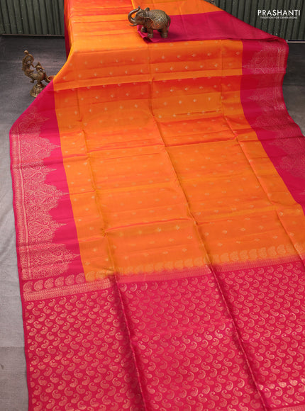 Kanchipuram soft silk saree sunset orange and pink with allover zari woven buttas and zari wovenn border