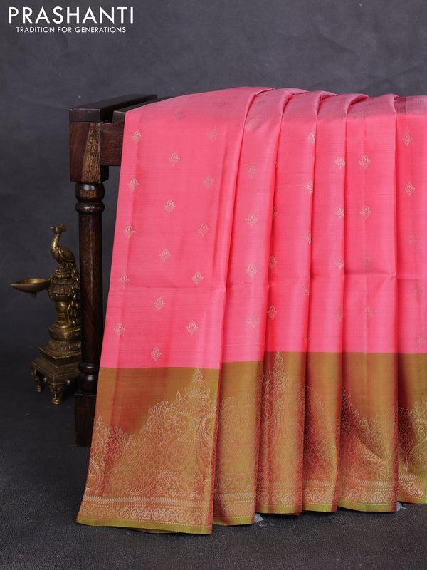 Kanchipuram soft silk saree peach pink and light green with allover zari woven buttas and zari wovenn border