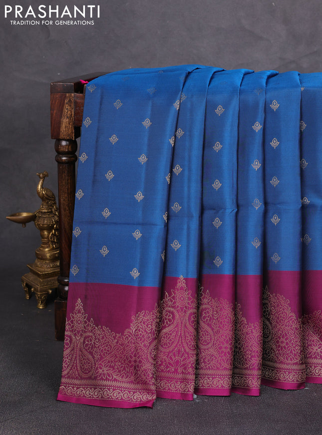 Kanchipuram soft silk saree peacock blue and magenta pink with allover zari woven buttas and zari wovenn border