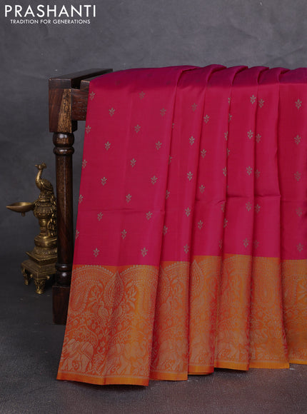 Kanchipuram soft silk saree tomato pink and sunset orange with allover zari woven buttas and zari wovenn border