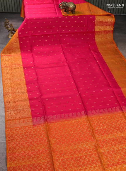 Kanchipuram soft silk saree tomato pink and sunset orange with allover zari woven buttas and zari wovenn border