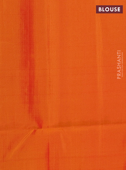 Kanchipuram soft silk saree tomato pink and sunset orange with allover zari woven buttas and zari wovenn border