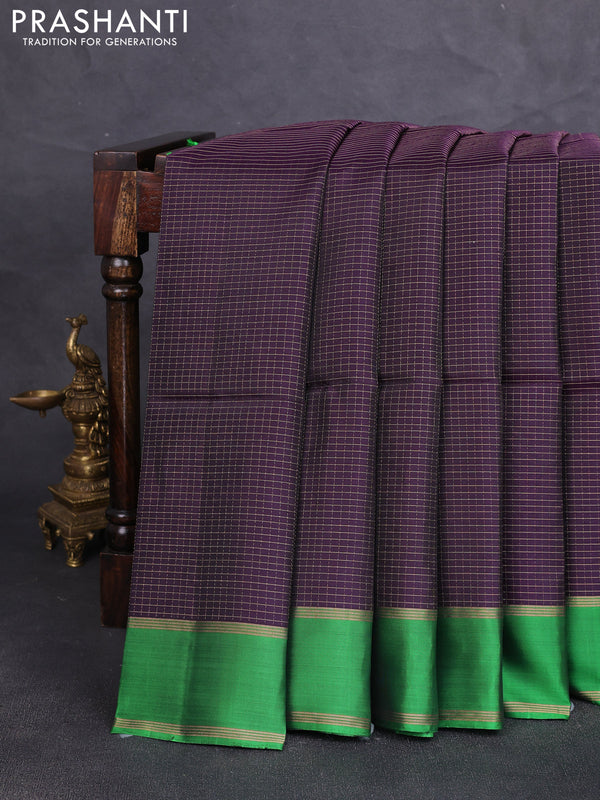 Kanchipuram soft silk saree deep jamun shade and green with allover small zari checked pattern and rettapet zari woven border