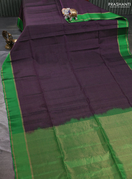 Kanchipuram soft silk saree deep jamun shade and green with allover small zari checked pattern and rettapet zari woven border