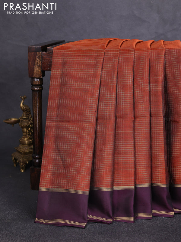 Kanchipuram soft silk saree rustic orange and deep wine shade with allover small zari checked pattern and rettapet zari woven border