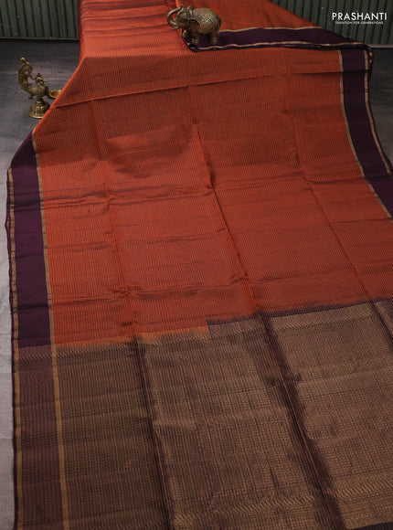 Kanchipuram soft silk saree rustic orange and deep wine shade with allover small zari checked pattern and rettapet zari woven border