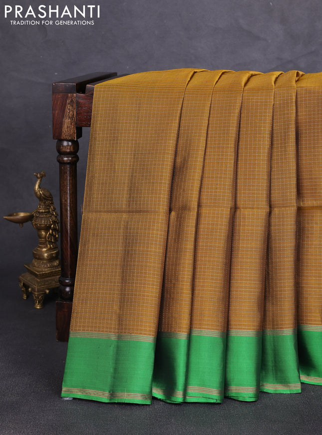 Kanchipuram soft silk saree mustard yellow and green with allover small zari checked pattern and rettapet zari woven border