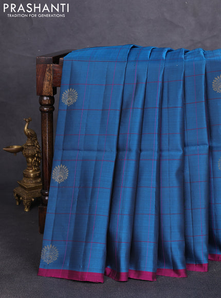Kanchipuram soft silk saree peacock blue and magenta pink with allover checks & zari woven buttas and piping border