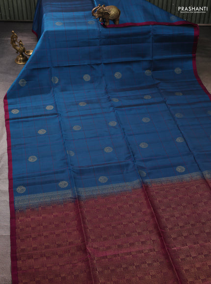 Kanchipuram soft silk saree peacock blue and magenta pink with allover checks & zari woven buttas and piping border
