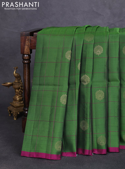 Kanchipuram soft silk saree green and magenta pink with allover checks & zari woven buttas and piping border