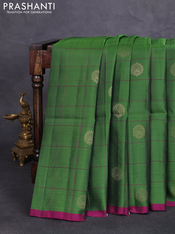 Kanchipuram soft silk saree green and magenta pink with allover checks & zari woven buttas and piping border