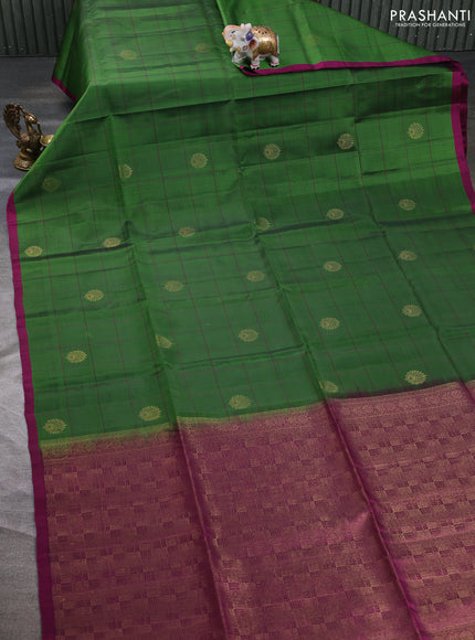 Kanchipuram soft silk saree green and magenta pink with allover checks & zari woven buttas and piping border