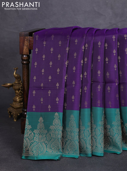 Kanchipuram soft silk saree navy blue and peacock green with allover zari woven buttas and long zari woven border