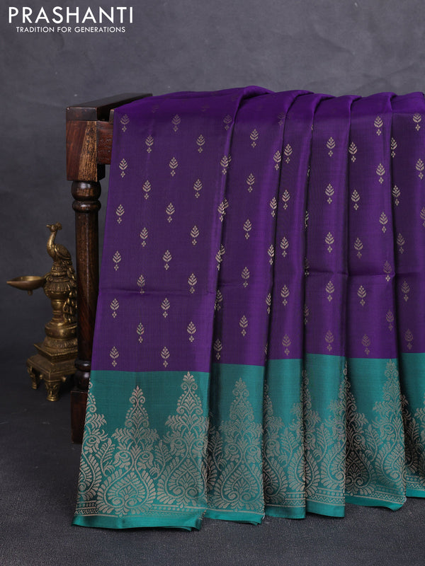 Kanchipuram soft silk saree navy blue and peacock green with allover zari woven buttas and long zari woven border
