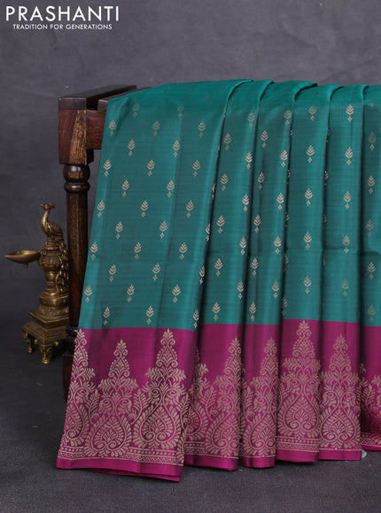 Kanchipuram soft silk saree peacock green and magenta pink with allover zari woven buttas and long zari woven border