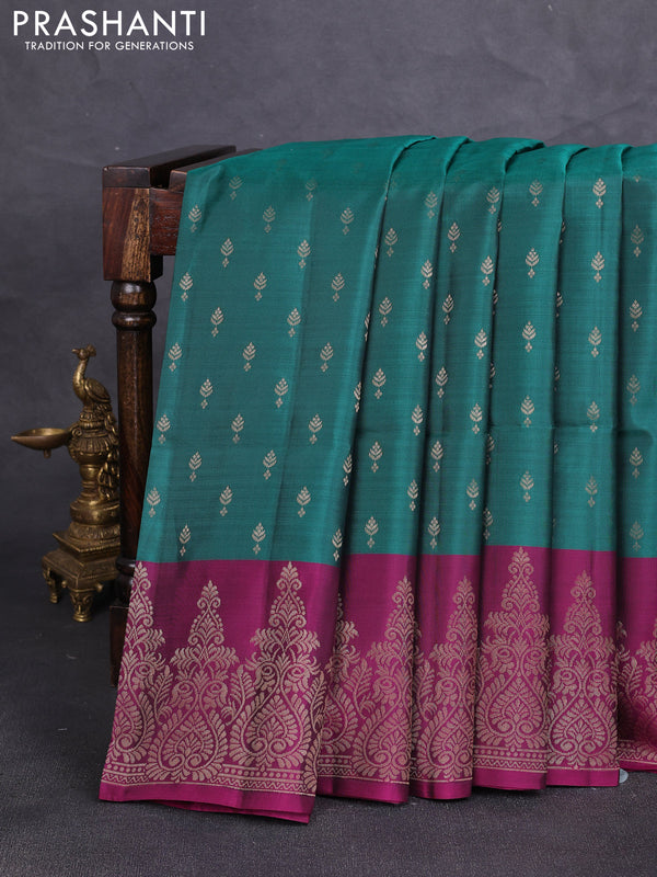 Kanchipuram soft silk saree peacock green and magenta pink with allover zari woven buttas and long zari woven border