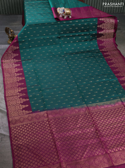 Kanchipuram soft silk saree peacock green and magenta pink with allover zari woven buttas and long zari woven border