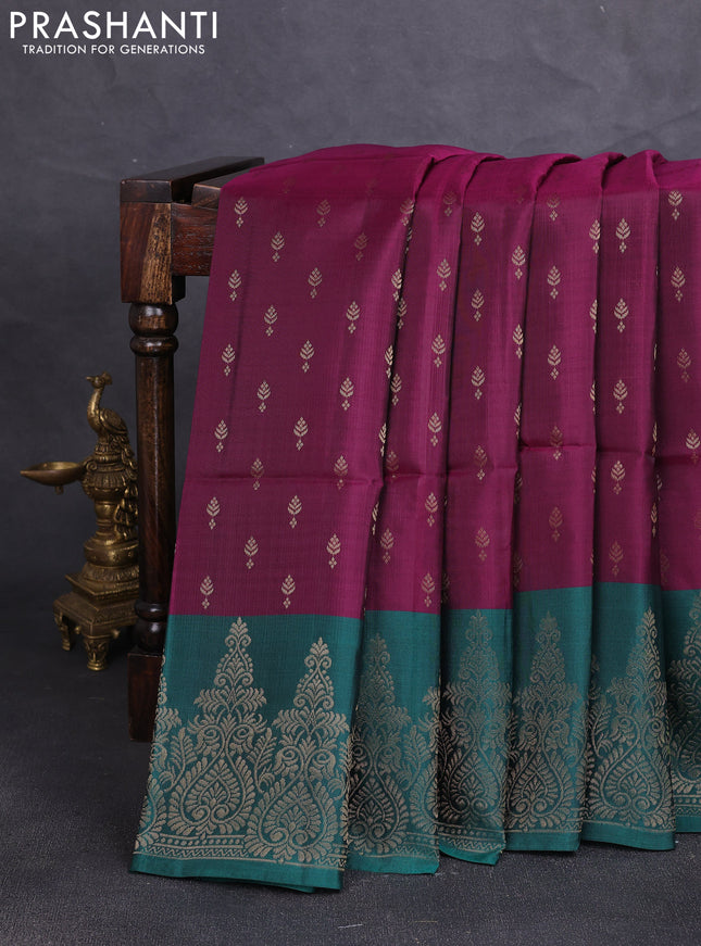 Kanchipuram soft silk saree magenta pink and peacock green with allover zari woven buttas and long zari woven border