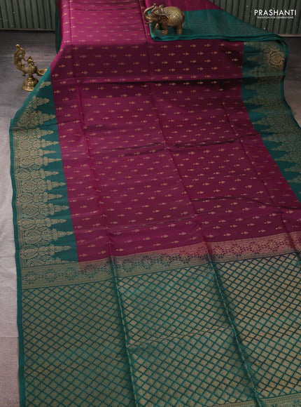 Kanchipuram soft silk saree magenta pink and peacock green with allover zari woven buttas and long zari woven border