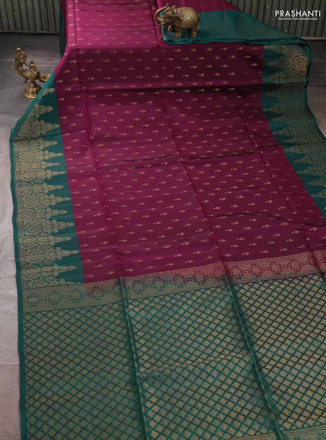 Kanchipuram soft silk saree magenta pink and peacock green with allover zari woven buttas and long zari woven border