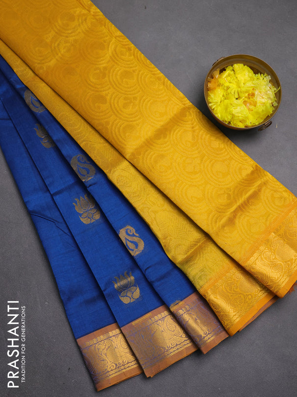 Silk cotton saree cs blue and yellow with zari woven buttas and zari woven annam border