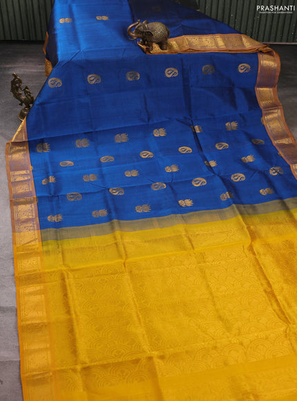 Silk cotton saree cs blue and yellow with zari woven buttas and zari woven annam border
