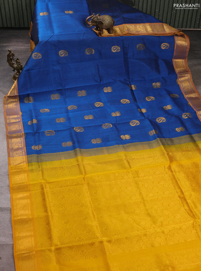 Silk cotton saree cs blue and yellow with zari woven buttas and zari woven annam border