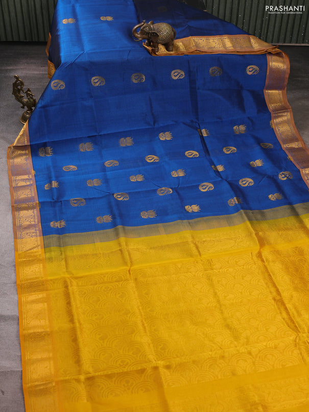Silk cotton saree cs blue and yellow with zari woven buttas and zari woven annam border