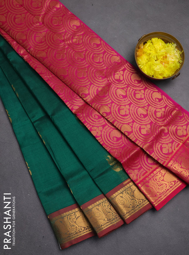Silk cotton saree green and pink with zari woven buttas and zari woven annam border