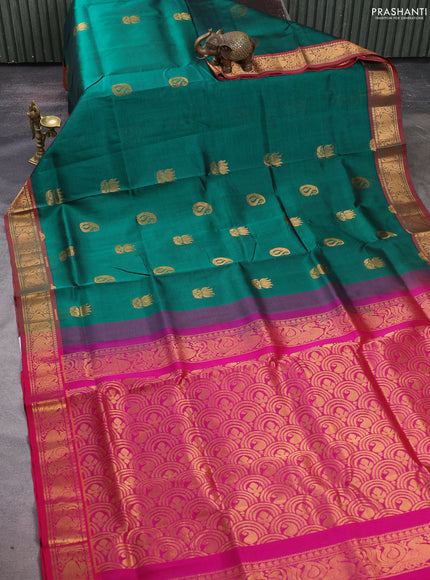 Silk cotton saree green and pink with zari woven buttas and zari woven annam border
