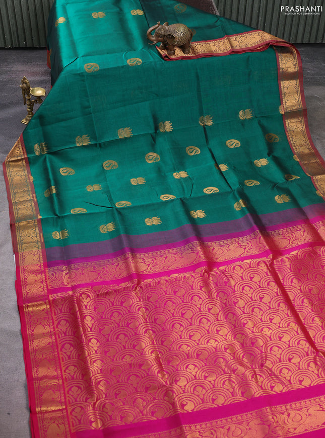 Silk cotton saree green and pink with zari woven buttas and zari woven annam border