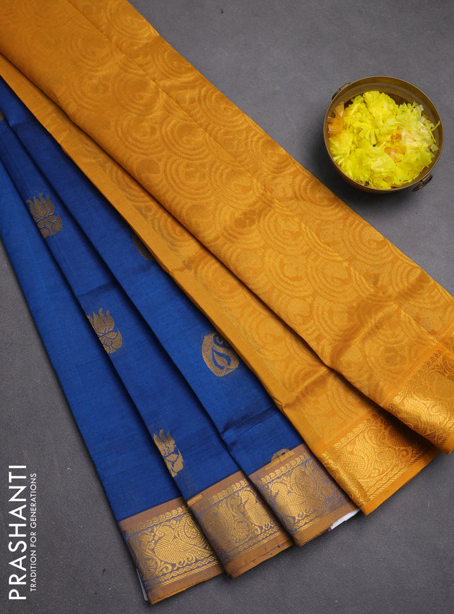 Silk cotton saree cs blue and mustard yellow with zari woven buttas and zari woven annam border