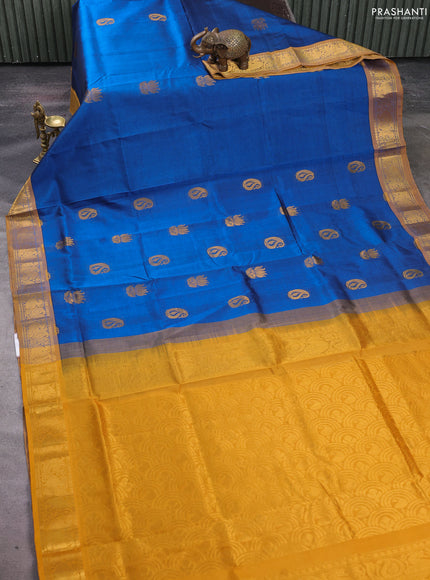 Silk cotton saree cs blue and mustard yellow with zari woven buttas and zari woven annam border