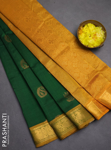 Silk cotton saree green and mustard yellow with zari woven buttas and zari woven annam border